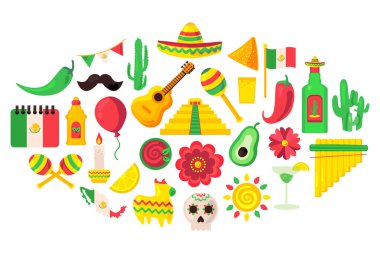 Yemek, müzik aletleri, kıyafetler, oyuncaklar, alkollü içecekler. İspanyol bayramı elementi Cinco De Mayo. Meksika tatil ikonu seti. Beyaz arkaplanda izole edilmiş basit çizgi film vektör ögeleri kiti