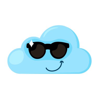 Siyah güneş gözlüklü, kendine güvenen mavi Emoji Bulutu. Çocukların hava durumu tahminleri için tasarım elemanı. Komik çocuk ikonu. Beyaz arkaplanda izole edilmiş basit çizgi film vektör ögesi