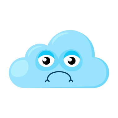 Mavi üzgün Emoji Bulutu üzgün bakışlarla. Çocukların hava durumu tahminleri için tasarım elemanı. Komik çocuk ikonu. Beyaz arkaplanda izole edilmiş basit çizgi film vektör ögesi