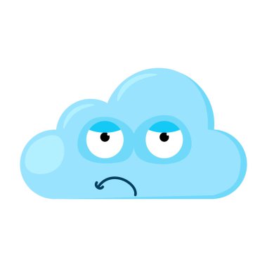 Mavi hoşnutsuz Emoji Bulutu şüpheli sırıtışlı. Çocukların hava durumu tahminleri için tasarım elemanı. Komik çocuk ikonu. Beyaz arkaplanda izole edilmiş basit çizgi film vektör ögesi