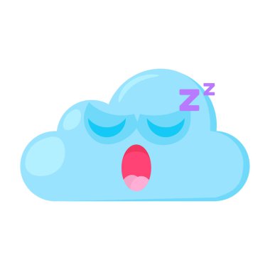 Mavi uyuyan Emoji Bulutu, horlayan ağzı açık bir şekilde sıkıldı. Çocukların hava durumu tahminleri için tasarım elemanı. Komik çocuk ikonu. Beyaz arkaplanda izole edilmiş basit çizgi film vektör ögesi