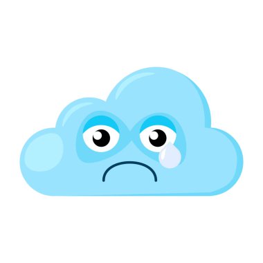 Mavi ağlayan Emoji Bulutu 'nu gözlerinden yaşlar süzülürken gücendirdi. Çocukların hava durumu tahminleri için tasarım elemanı. Komik çocuk ikonu. Beyaz arkaplanda izole edilmiş basit çizgi film vektör ögesi