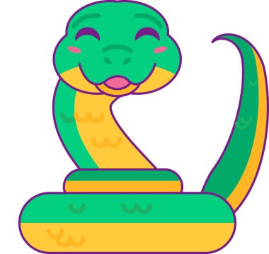 İyi huylu, güler yüzlü, yüzüklere sarılmış bir yılan. 2025 Çin takvim yılının sembolü. Beyaz arkaplanda çizgi film vektör çizimi