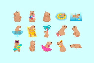 Çeşitli pozlarda ve yüz ifadelerinde Afrika bataklık hayvanı Capybara seti. Beyaz arka planda izole edilmiş komik alt su faresi Capybara maskotu vektör paketi