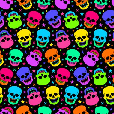Renkli neon insan kafatasları ile kusursuz bir desen. Hediye ambalaj kağıdı için Meksika usulü tatil süsü. Siyah arkaplanda karnaval vektörü