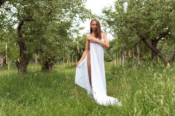Lopen Met Een Vrouw Een Appelboomgaard — Stockfoto