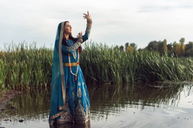 Hint tarzı giyinmiş esmer bir kadın.