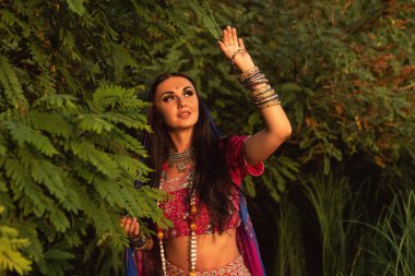 Hint tarzı giyinmiş esmer bir kadın.