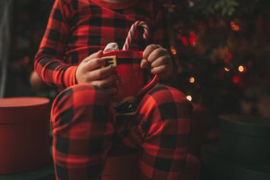 Mucizevi Noel Baba 'yı bekleyen mutlu küçük hayalperest çocuk renkli lolipopun tadını çıkarıyor. Kırmızı kareli uykucu neşeli çocuk yeni yılı kutluyor Noel ağacının yanında marshmallowlu Xmas bardağı tutuyor 25 Aralık arifesi