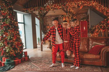 Kırmızı kareli elbiseli, Noel Baba 'yı evde bekleyen küçük oğlu olan aktif ailelere gülümseyin. Tarz sahibi aile, gülüşlere, kucaklaşmalara evde sarılmaya bayılır. 25 Aralık Noel Ağacı 'nın yeni yıl çelenkleri ve ışıkları kutlanır