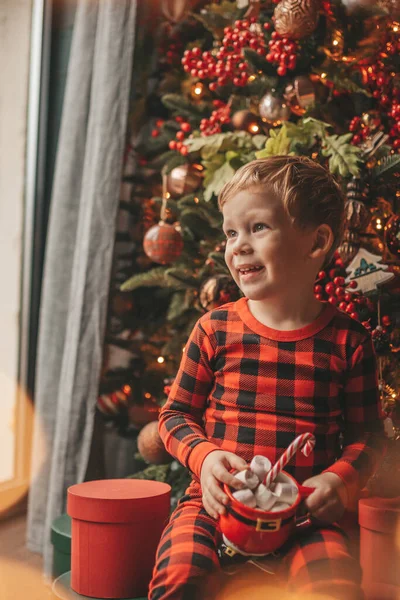 Glad Liten Pojke Drömmare Väntar Mirakel Santa Njuta Godis Färg — Stockfoto