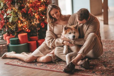 25 Aralık arifesinde evde Akia Inu köpeğiyle kucaklaşan genç bir çiftin portresi. Örgü ören şık elbiseli insanlar, yeni yılı kutlayan şefkat dolu öpücükler, Noel ışıkları, Noel ağacı.