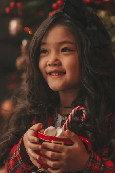 Счастливая Японская Маленькая Девочка Мечтатель Ждет Чудо Санта Наслаждаться Сладостями Стоковое Фото