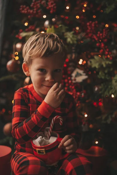 Mucizevi Noel Baba Bekleyen Mutlu Küçük Hayalperest Çocuk Renkli Lolipopun — Stok fotoğraf
