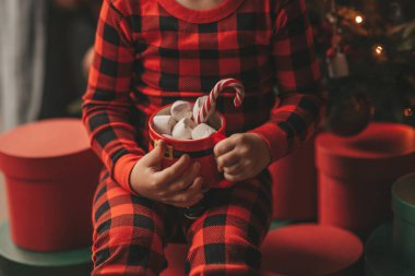 Mucizevi Noel Baba 'yı bekleyen mutlu küçük hayalperest çocuk renkli lolipopun tadını çıkarıyor. Kırmızı kareli uykucu neşeli çocuk yeni yılı kutluyor Noel ağacının yanında marshmallowlu Xmas bardağı tutuyor 25 Aralık arifesi