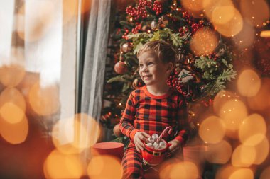 Mucizevi Noel Baba 'yı bekleyen mutlu küçük hayalperest çocuk renkli lolipopun tadını çıkarıyor. Kırmızı kareli uykucu neşeli çocuk yeni yılı kutluyor Noel ağacının yanında marshmallowlu Xmas bardağı tutuyor 25 Aralık arifesi