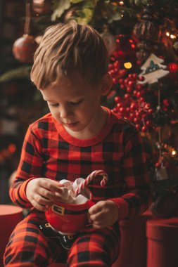 Mucizevi Noel Baba 'yı bekleyen mutlu küçük hayalperest çocuk renkli lolipopun tadını çıkarıyor. Kırmızı kareli uykucu neşeli çocuk yeni yılı kutluyor Noel ağacının yanında marshmallowlu Xmas bardağı tutuyor 25 Aralık arifesi