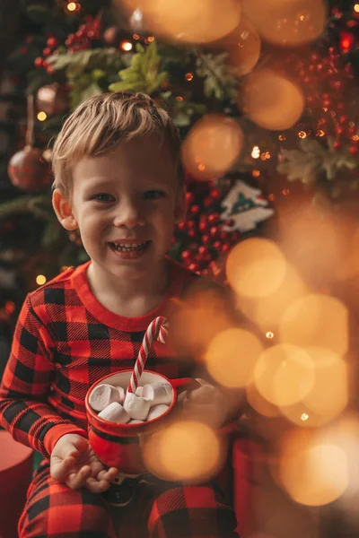 Glad Liten Pojke Drömmare Väntar Mirakel Santa Njuta Godis Färg — Stockfoto