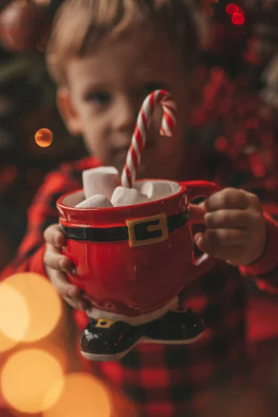 Glad Lille Dreng Drømmer Venter Mirakel Santa Nyde Slik Farve - Stock-foto