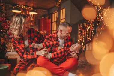 Kırmızı kareli elbiseli, Noel Baba 'yı evde bekleyen küçük oğlu olan aktif ailelere gülümseyin. Tarz sahibi aile, gülüşlere, kucaklaşmalara evde sarılmaya bayılır. 25 Aralık Noel Ağacı 'nın yeni yıl çelenkleri ve ışıkları kutlanır