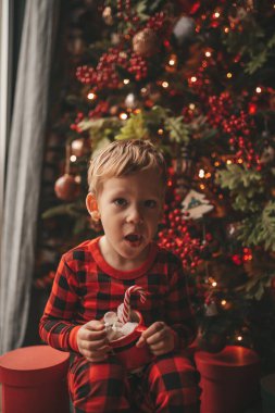 Mucizevi Noel Baba 'yı bekleyen mutlu küçük hayalperest çocuk renkli lolipopun tadını çıkarıyor. Kırmızı kareli uykucu neşeli çocuk yeni yılı kutluyor Noel ağacının yanında marshmallowlu Xmas bardağı tutuyor 25 Aralık arifesi