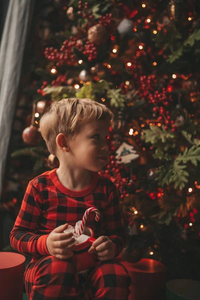 Šťastný Chlapec Snílek Čeká Zázrak Santa Vychutnat Sladkosti Barva Lízátko — Stock fotografie