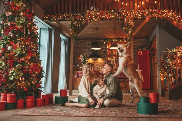 Porträtt Lycklig Familj Stickade Beige Tröjor Väntar Santa Inomhus Med — Stockfoto