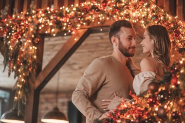 25 Aralık arifesinde evde kucaklaşan güzel bir çiftin portresi. Aşıklar gülüyor, öpücükler evde Noel 'i bekliyor. Yeni yılı kutluyoruz. Çiçek yakıyoruz. Zarif örgü kıyafetlerle süsleniyoruz.