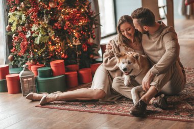 25 Aralık arifesinde evde Akia Inu köpeğiyle kucaklaşan genç bir çiftin portresi. Örgü ören şık elbiseli insanlar, yeni yılı kutlayan şefkat dolu öpücükler, Noel ışıkları, Noel ağacı.