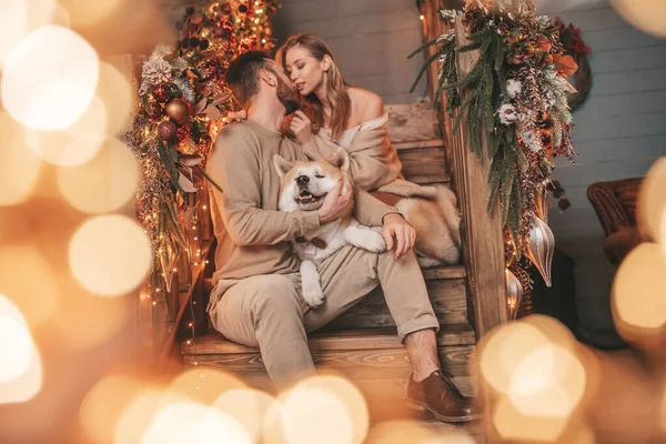 Retrato Jovem Casal Encantador Abraçando Véspera Interior Dezembro Com Cão — Fotografia de Stock