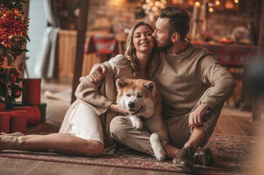25 Aralık arifesinde evde Akia Inu köpeğiyle kucaklaşan genç bir çiftin portresi. Örgü ören şık elbiseli insanlar, yeni yılı kutlayan şefkat dolu öpücükler, Noel ışıkları, Noel ağacı.