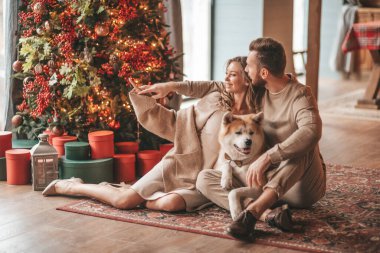 25 Aralık arifesinde evde Akia Inu köpeğiyle kucaklaşan genç bir çiftin portresi. Örgü ören şık elbiseli insanlar, yeni yılı kutlayan şefkat dolu öpücükler, Noel ışıkları, Noel ağacı.