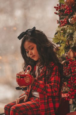 Mucize bekleyen küçük Japon hayalperest kız Noel Baba Noel ağacının yanında şekerleme yiyor. Kırmızı ekoseli Asyalı çocuk yeni yılı kutluyor. 25 Aralık gecesi Bokeh Işıkları 'nda marşmelovlu Xmas bardağı tutuyor.