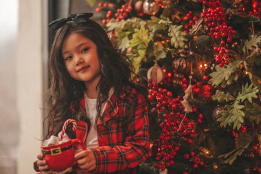 Mucize bekleyen küçük Japon hayalperest kız Noel Baba Noel ağacının yanında şekerleme yiyor. Kırmızı ekoseli Asyalı çocuk yeni yılı kutluyor. 25 Aralık gecesi Bokeh Işıkları 'nda marşmelovlu Xmas bardağı tutuyor.