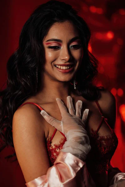 Sensual Curly Black Haired Woman Fishnet Gloves Posing Red Glamour — Fotografia de Stock