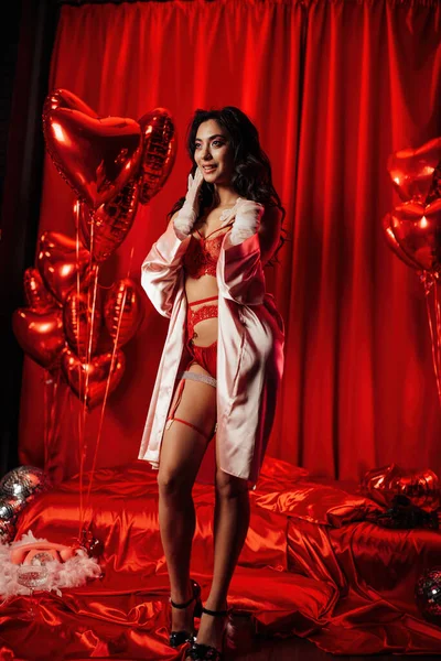 Beautiful Woman Wearing Sexy Lace Underwear Silk Robe Posing Red — Stock fotografie