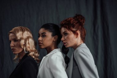 Yetişkin, zarif, çok ırklı genç kızlar resmi gece kıyafetleri ve farklı renkte sutyenleri var. Moda kıyafetleriyle stüdyoda poz veren şık, değişik insanlar. Gömlek yok.