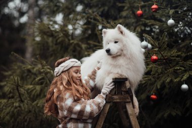 Noel 'i ve yeni yılı kutlayan bayan çocuk kış tatilini dışarıda kutluyor. Küçük kız açık havada beyaz Samoylu köpekle Noel otobüsünün yanında eğleniyor. Çocukluğun tadını çıkarıyor.