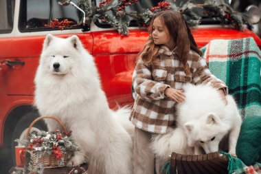 Noel 'i ve yeni yılı kutlayan bayan çocuk kış tatilini dışarıda kutluyor. Küçük kız açık havada beyaz Samoylu köpeklerle Noel otobüsünün yanında eğleniyor. Çocukluğun tadını çıkarıyor.