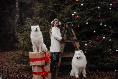 Noel 'i ve yeni yılı kutlayan bayan çocuk kış tatilini dışarıda kutluyor. Küçük kız açık havada beyaz Samoylu köpekle Noel otobüsünün yanında eğleniyor. Çocukluğun tadını çıkarıyor.