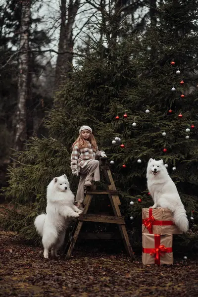 Weibliche Kinder Feiern Weihnachten Und Neujahr Freien Kleines Mädchen Verbringt — Stockfoto