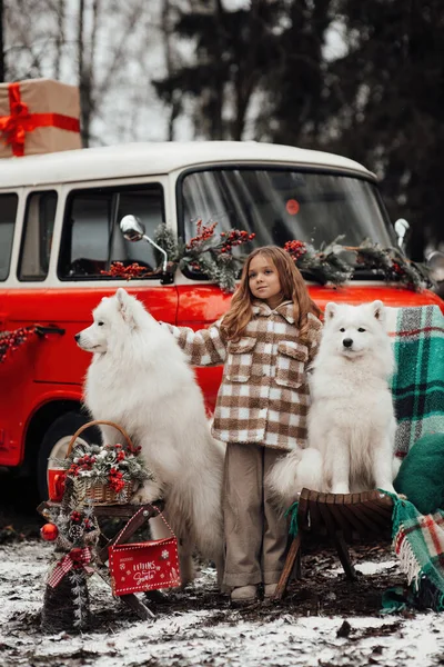クリスマスと新年の冬休みシーズンの屋外を祝う女性の子供 子供の頃を楽しんでいるXmasバス近くの白いサモイド犬とオープンエアで楽しい時間を過ごす小さな少女 — ストック写真