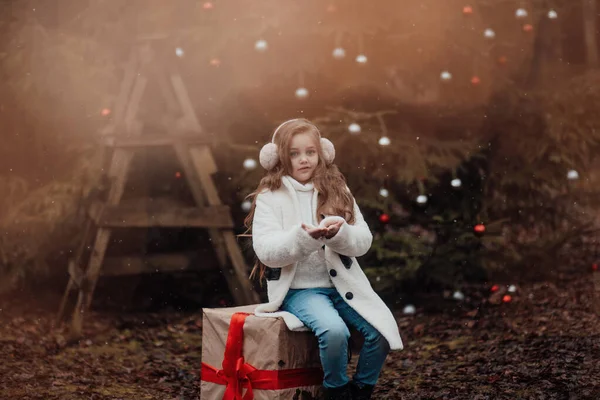 在户外庆祝圣诞节和新年假期的女童 活泼的小女孩在针叶林里快乐地度过童年时光 — 图库照片