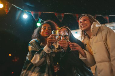 Mutlu kızlar Noel 'i ve yeni yıl tatilini dışarıda kutluyor. Genç ve çeşitli kadın arkadaşlar birlikte vakit geçirip eski Xmas karavanının yanında köpüklü şarap içerek eğleniyorlar.