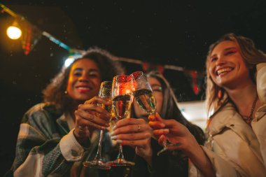 Mutlu kızlar Noel 'i ve yeni yıl tatilini dışarıda kutluyor. Genç ve çeşitli kadın arkadaşlar birlikte vakit geçirip eski Xmas karavanının yanında köpüklü şarap içerek eğleniyorlar.