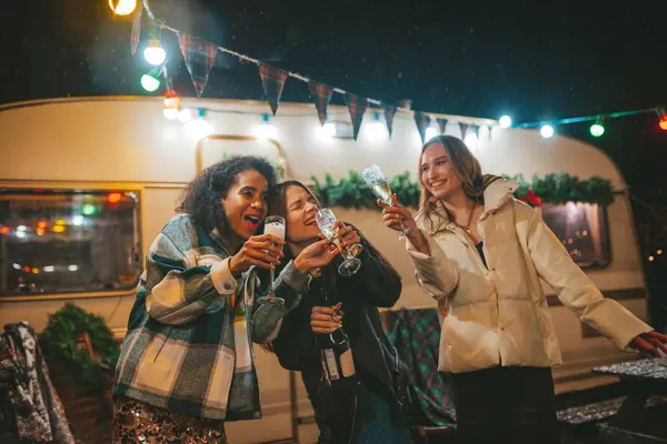 Happy Girls Celebrating Christmas New Year Winter Holidays Season Outdoor — Stock Photo, Image