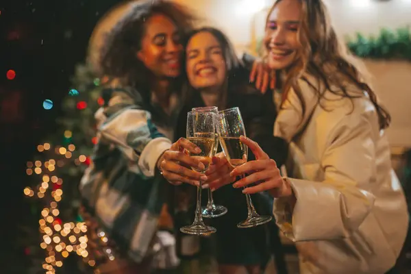 Happy Girls Celebrating Christmas New Year Winter Holidays Season Outdoor — Stock Photo, Image