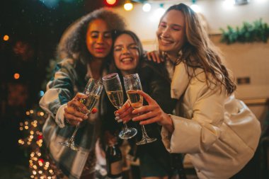 Mutlu kızlar Noel 'i ve yeni yıl tatilini dışarıda kutluyor. Genç ve çeşitli kadın arkadaşlar birlikte vakit geçirip eski Xmas karavanının yanında köpüklü şarap içerek eğleniyorlar.