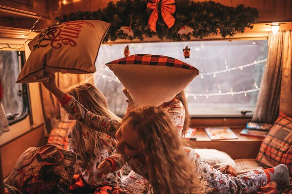 Female Children Celebrating Christmas New Year Winter Holidays Season Camper — Stock Photo, Image