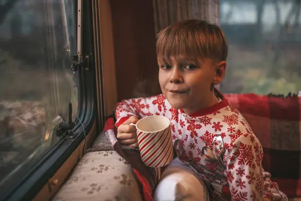 Liten Pojke Dricker Mjölk Samtidigt Fira Jul Och Nyår Vintersemester Royaltyfria Stockfoton